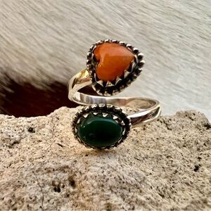 ❤️ Kingman Turquoise Spiny Oyster Heart Navajo Style 925 By-Pass Ring Adjustable